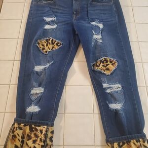 KanCan Stretch Skinny Blue Jeans with Leopard Accents